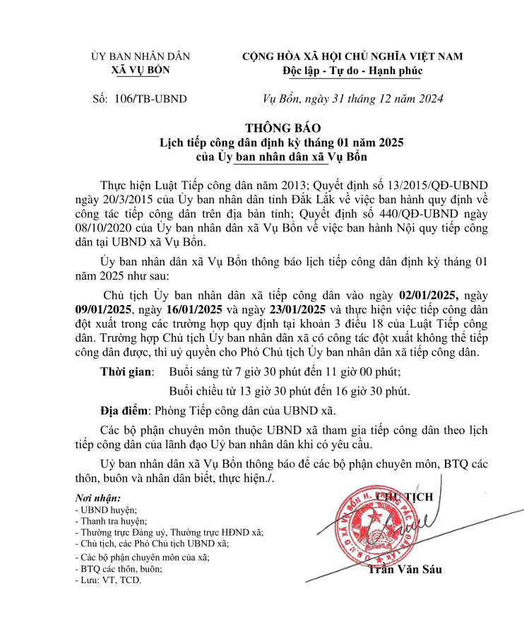 LỊCH TIẾP CÔNG DÂN ĐỊNH KỲ THÁNG 01 NĂM 2025 CỦA UBND XÃ VỤ BỔN